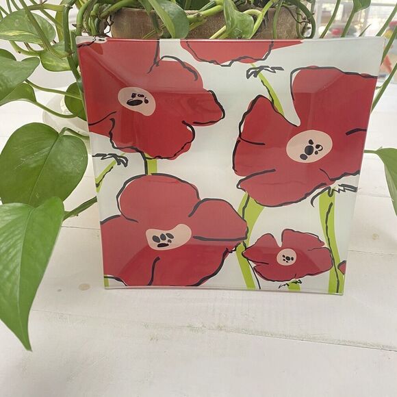 Set of 2 Poppies Garden Printed Decorative Glass Plates Platters Trinket Trays - Picture 3 of 9